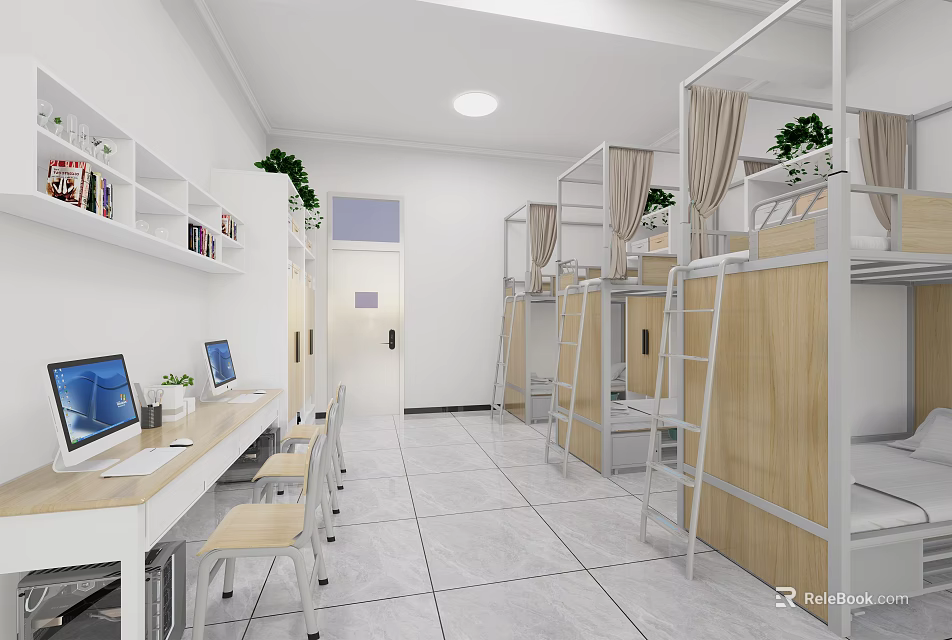 Modern Dormitory Room Interior With Bunk Beds Desks Computers Plants And Chairs 3d model