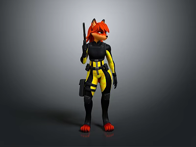 3D Anthropomorphic Red Fox Character In Black Yellow Suit Holding Weapon 3d model