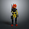 3D Anthropomorphic Red Fox Character In Black Yellow Suit Holding Weapon