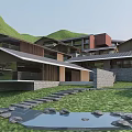 Hotel Building Surrounded By Green Hills And Waterfront Scenic Landscape With Curved Roads