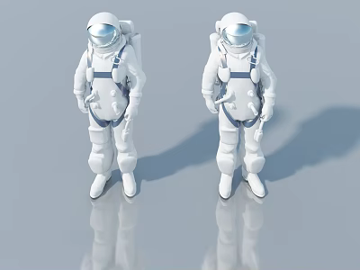 Two Astronauts in White Spacesuits Standing on Gray Background with Clear Reflections 3d model