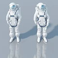 Two Astronauts in White Spacesuits Standing on Gray Background with Clear Reflections