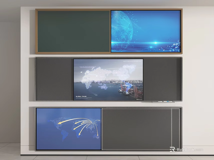 Wall Configuration With Screens Displaying World Map Blue Background Data Charts And Panels 3d model 