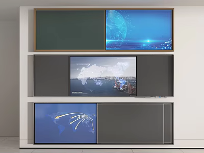 Wall Configuration With Screens Displaying World Map Blue Background Data Charts And Panels 3d model