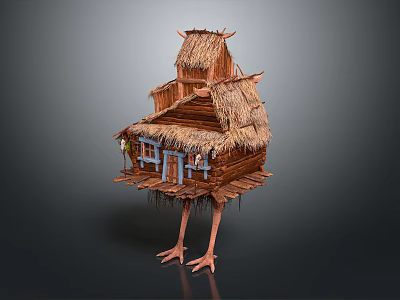 Unique Wooden House Featuring Thatch Roof Bird Like Legs Support And Wooden Details 3d model