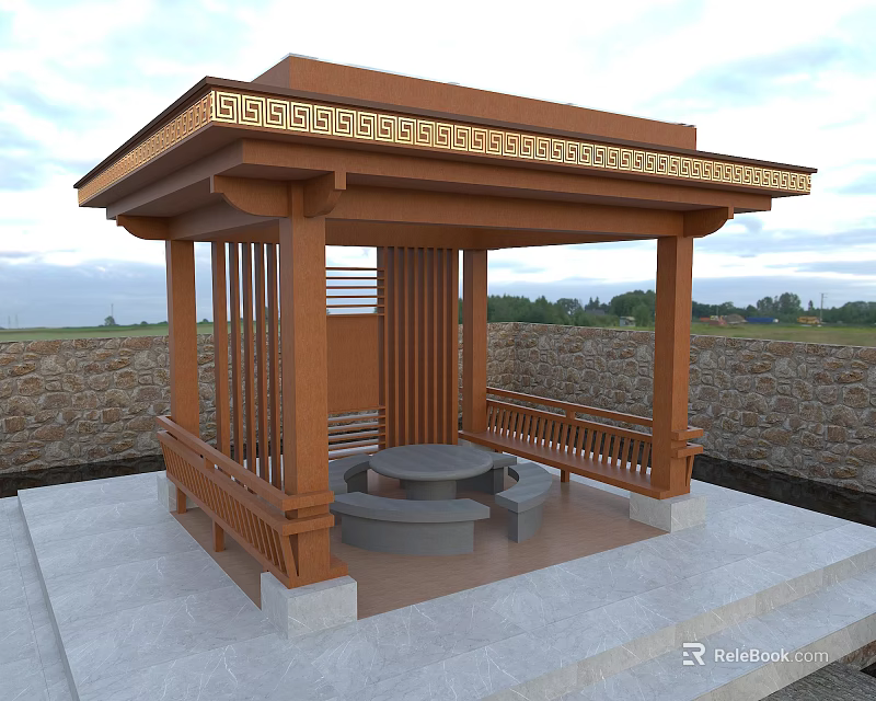 Traditional Wooden Pavilion with Golden Decorative Roof Stone Wall Platform and Round Stone Table Benches 3d model 