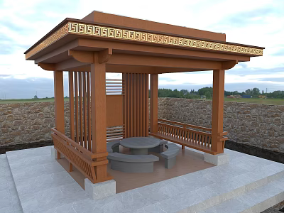 Traditional Wooden Pavilion with Golden Decorative Roof Stone Wall Platform and Round Stone Table Benches 3d model