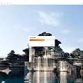 Layered Stone Wood Architectural Structure by Waterfront with Stacked Stones Water Reflection and Blue Sky