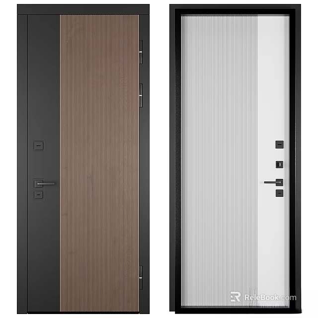 Modern Brown Wood Grain And White Vertical Stripes Black Frame Swing Door Design 3d model 