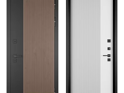 Modern Brown Wood Grain And White Vertical Stripes Black Frame Swing Door Design 3d model