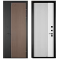 Modern Brown Wood Grain And White Vertical Stripes Black Frame Swing Door Design