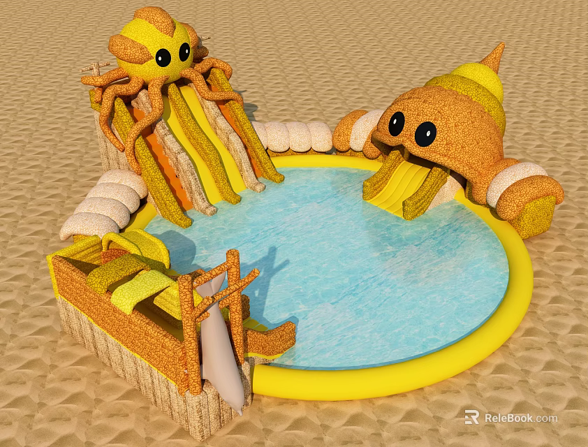 Fun Playground Equipment With Inflatable Pool Octopus And Ice Cream Cone Shaped Slides For Kids 3d model 