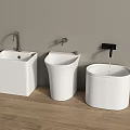 Modern White Ceramic Bathroom Sinks With Different Designs And Faucets On Wooden Floor