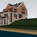 Semi Detached Villa With Red Brick Exterior Black Roof Balcony And Green Lawn Driveway
