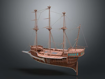 Antique Wooden Sailing Ship With Multiple Masts Detailed Hull And Deck Windows 3d model