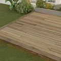 Outdoor Garden Wooden Deck Floor With Stone Planter And Green Grass Plants