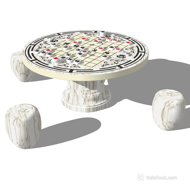 Round Tea Table With Chessboard Pattern Wooden Base And Marble Texture Cylindrical Stools 3d model