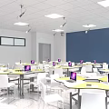Modern School Classroom Interior With Smart Equipment Desks Chairs Windows And Blue Curtains