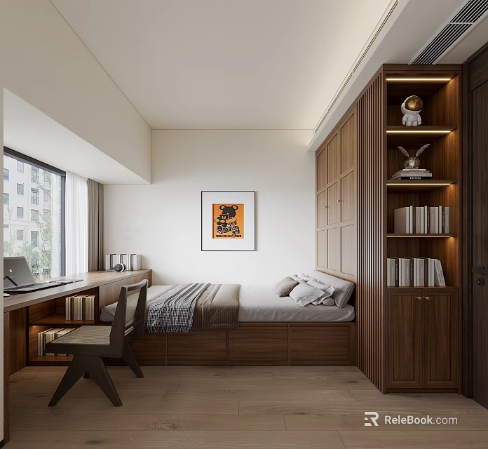 Modern Tatami Bedroom With Wooden Desk Bookshelf Artwork And Natural Light 3d model 