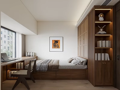 Modern Tatami Bedroom With Wooden Desk Bookshelf Artwork And Natural Light 3d model