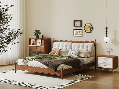 Double Bed With Tufted Headboard Wooden Frame Nightstand Framed Artwork And Area Rug 3d model