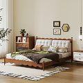 Double Bed With Tufted Headboard Wooden Frame Nightstand Framed Artwork And Area Rug