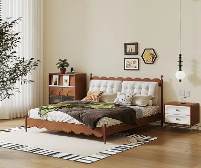 Double Bed With Tufted Headboard Wooden Frame Nightstand Framed Artwork And Area Rug 3d model