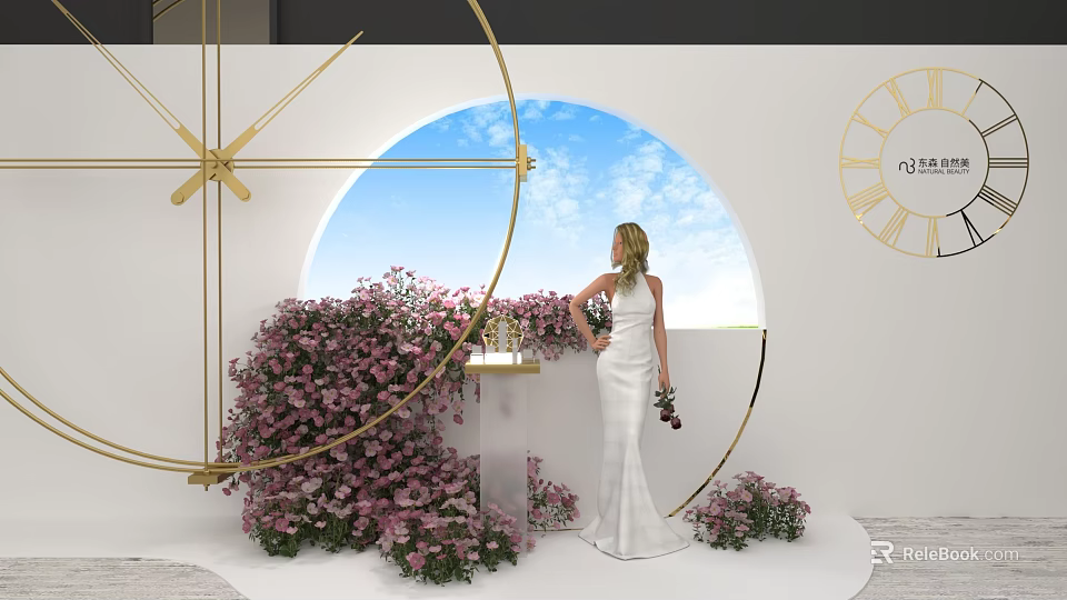 Romantic Wedding Photo Check-in Spot With Round Window Blue Sky Golden Frames And Pink Flowers 3d model 