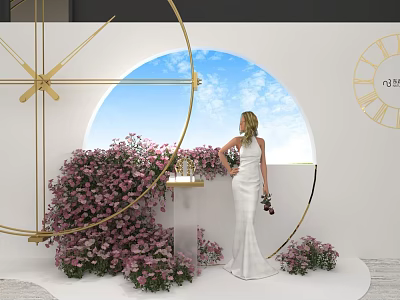 Romantic Wedding Photo Check-in Spot With Round Window Blue Sky Golden Frames And Pink Flowers 3d model