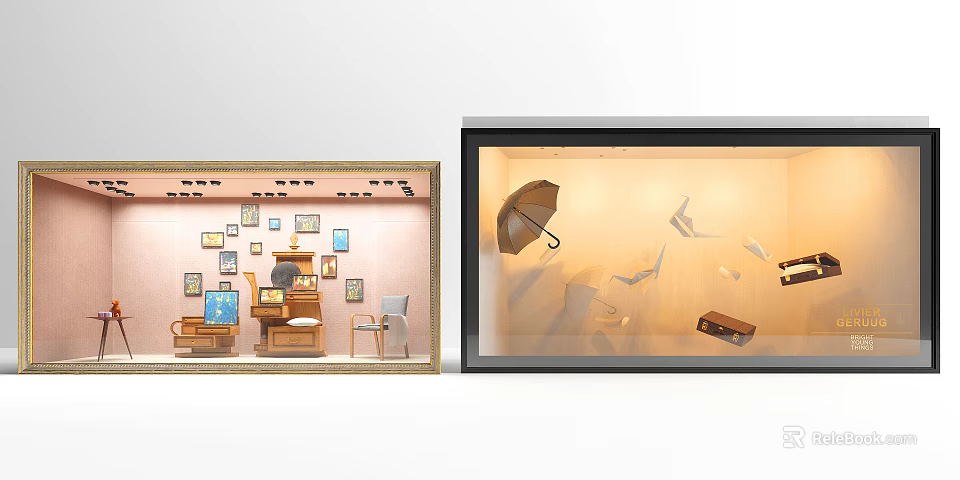 Shop Window Display Showcasing Desk Chair Picture Frames Umbrella Flying Letters And Suitcase 3d model 