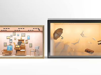 Shop Window Display Showcasing Desk Chair Picture Frames Umbrella Flying Letters And Suitcase 3d model