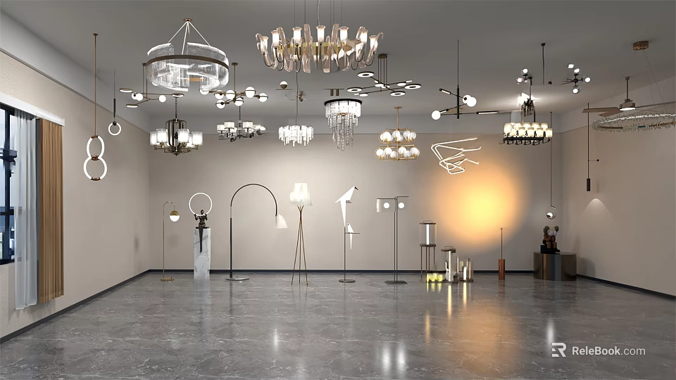 Various Stylish Chandeliers Displayed In Modern Lighting Showroom With Polished Floor 3d model 