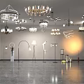 Various Stylish Chandeliers Displayed In Modern Lighting Showroom With Polished Floor