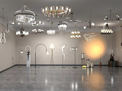 Various Stylish Chandeliers Displayed In Modern Lighting Showroom With Polished Floor 3d model