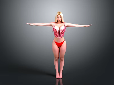 Blonde Woman In Red Striped Bodysuit And Red Bikini With Arms Outstretched Against Gray Background 3d model