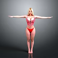 Blonde Woman In Red Striped Bodysuit And Red Bikini With Arms Outstretched Against Gray Background