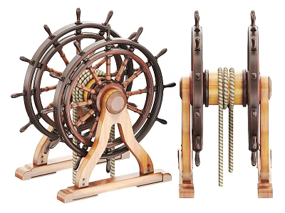 Vintage Wooden Ship Wheel And Winch With Rope Decorative Nautical Items 3d model