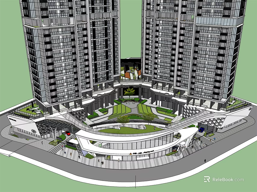 Modern High Rise Buildings With Central Circular Plaza And Green Pedestrian Area 3d model 