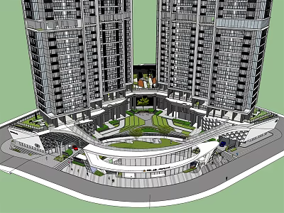 Modern High Rise Buildings With Central Circular Plaza And Green Pedestrian Area 3d model