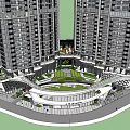 Modern High Rise Buildings With Central Circular Plaza And Green Pedestrian Area