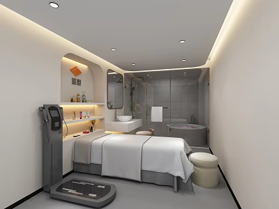 Modern Fitness Space With Workout Equipment Massage Bed And Spa Tub 3d model