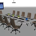 Modern Conference Table With Ergonomic Chairs Laptop And Projector Screen 3d model