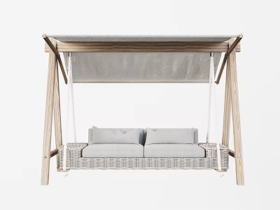 Outdoor Wicker Swing Chair with Wooden Frame Canopy Top and Two Seater Gray Cushions 3d model