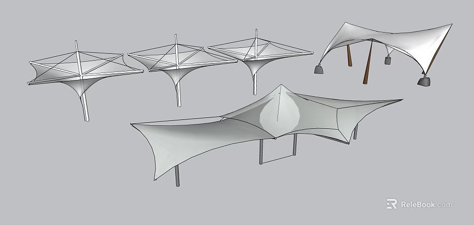 White Membrane Structures With Various Designs And Metal Support Frames 3d model 