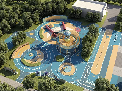 Garden Landscape with Circular Play Areas Colorful Pathways and Surrounding Trees 3d model