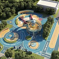 Garden Landscape with Circular Play Areas Colorful Pathways and Surrounding Trees