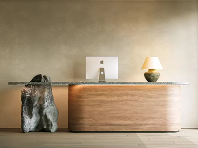 Modern Front Desk Reception With Wooden Cabinet Stone Countertop Apple iMac And Table Lamp 3d model