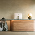 Modern Front Desk Reception With Wooden Cabinet Stone Countertop Apple iMac And Table Lamp