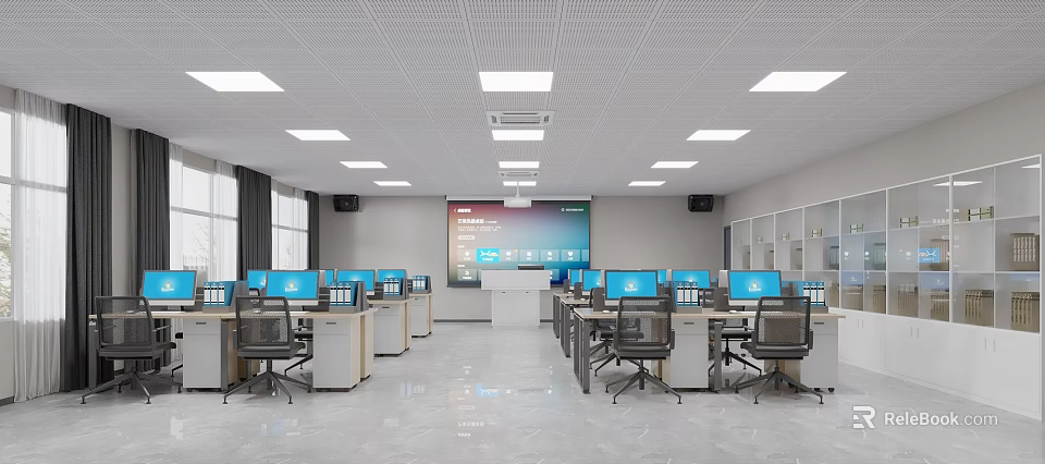 Modern Office Workspace With Multiple Workstations Computers And Large Screen 3d model 