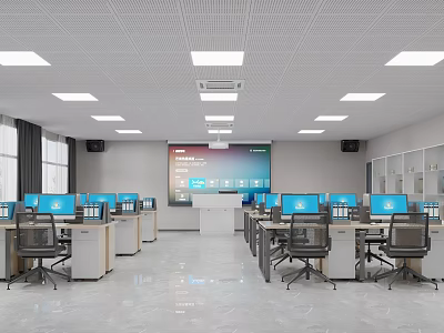 Modern Office Workspace With Multiple Workstations Computers And Large Screen 3d model